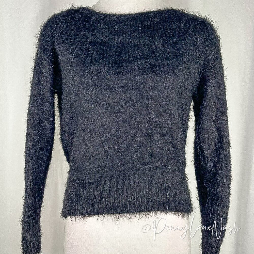 American Eagle Fuzzy Eyelash Back Surplice Sweater XS Black - Picture 3 of 11